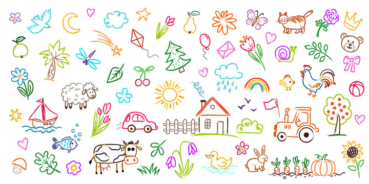 Kids doodle drawings set with cute colorful children sketches of animals plants house car and tractor isolated on white background