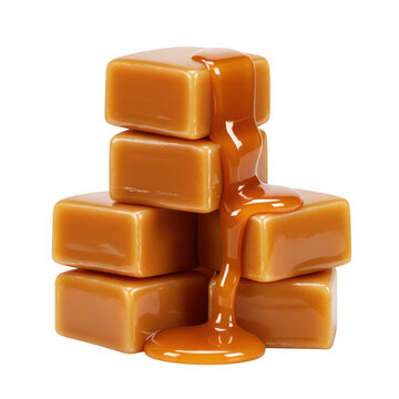 Stack of caramel candies with dripping sauce isolated on transparent background