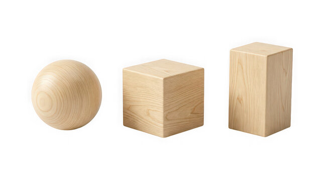 Wooden geometric shapes including sphere cube and rectangular prism with natural grain texture on transparent background.