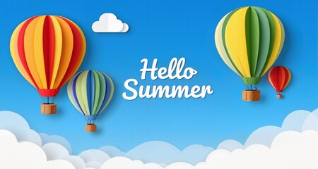 Obraz premium Paper art style of hot air balloons with hello summer text on blue sky. Vector illustration 