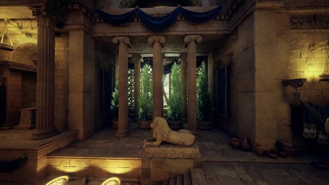broad classical staircase framed by marble columns and greenery, soft uplighting along balustrade. Ornate mosaics and lion statuary punctuate landing, elegant