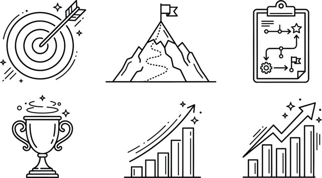 Business goal success vector line art icon set featuring target arrow mountain peak trophy clipboard roadmap and growth chart