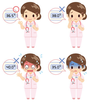 女性看護師が体温4段階の検温結果にリアクションするセット素材 / Female nurse reacting to 4 temperature readings set, flat illustration