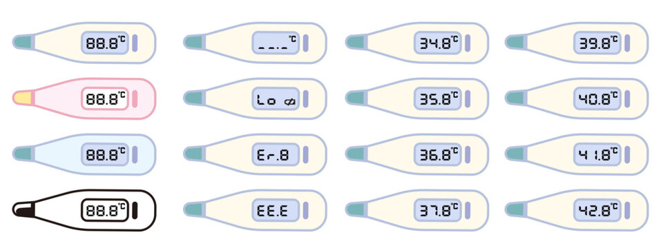 数値編集自在、エラー表示や電池切れも揃った体温計アイコンセット素材 / Editable thermometer icon set with error and low battery display variations