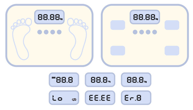 数値編集自由な体重計アイコンセット、エラー表示付きヘルスケア素材 / Editable digital scale icon set with error display, health infographic material