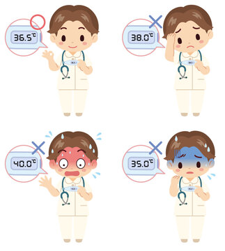 男性看護師が体温4段階の検温結果にリアクションするセット素材 / Male nurse reacting to 4 temperature readings set, flat illustration