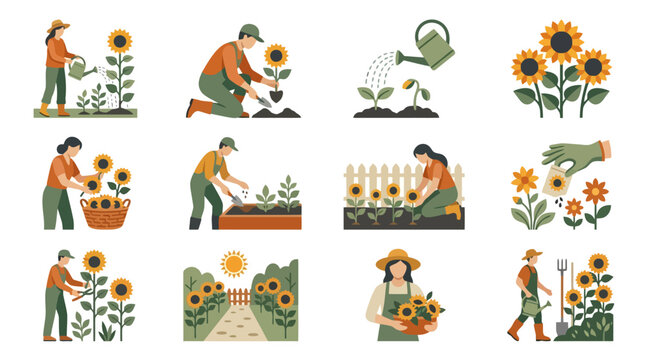 Clean Flat Set of Diverse Gardeners Tending to Bright Yellow Sunflowers with Watering Cans Tools and Harvesting