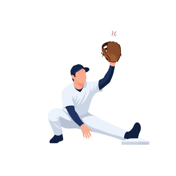 Professional vector illustration of a baseball first baseman stretching to catch a ball while keeping a foot on the base during a competitive game play on a field.