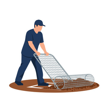 A professional groundskeeper leveling and smoothing the dirt on a baseball field infield using a specialized drag or rake tool during pre-game sports stadium maintenance.
