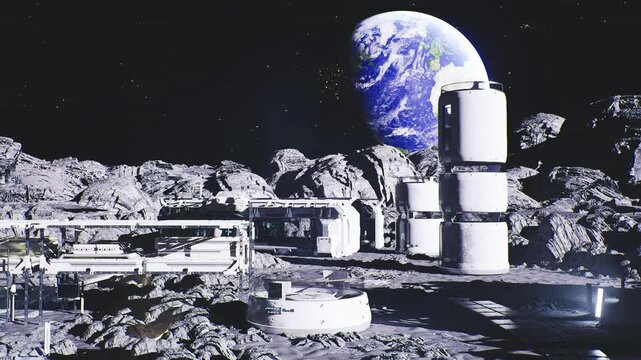 mining site with excavators and processing lines, regolith piles and ore silos flank heavy equipment, extraction workflow implied by conveyors and remote