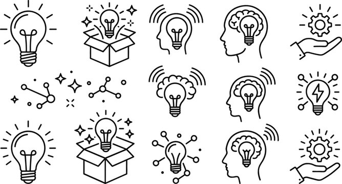 Creative idea light bulb vector line art icon set featuring brain profile box gear and lightning elements