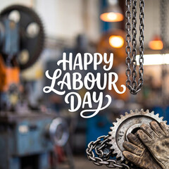 Happy labour day industrial theme with worker holding a metal gear and heavy chains in a factory