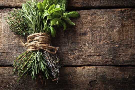 Fresh herb bundle on rustic wooden background featuring rosemary and thyme