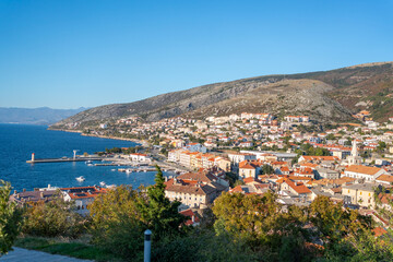 Naklejka premium Panoramic view of Senj town, harbor and Adriatic coastline from Nehaj Fortress, Croatia