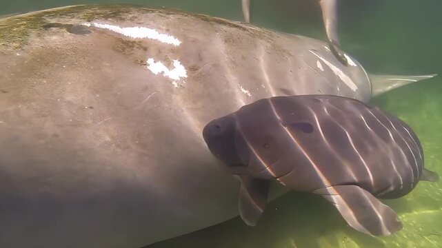 Gentle manatee calf swims closely beside its mother underwater