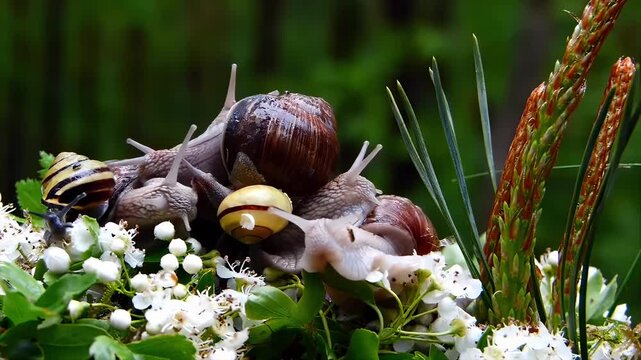 Close-up of garden snails slowly crawling among delicate white flowers and green leaves