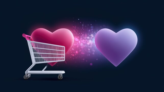 Online Dating and Love Connection with Shopping Cart and Hearts
