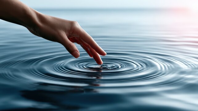 Hand Touching Water Surface Creating Ripples for Abstract Background