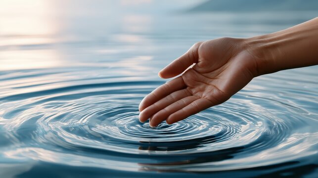Hand Gently Touching Calm Water Surface Creating Ripples at Sunset