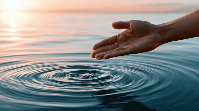 Hand Touching Serene Water Surface Creating Ripples at Sunset