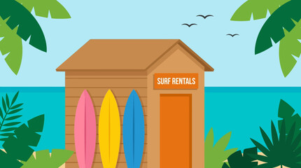 A colorful surf rental hut stands on a tropical beach with surfboards and palm trees. © Fendi