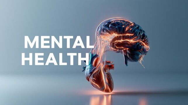 Mental Health Concept with Brain, Heart, and Stylized Text