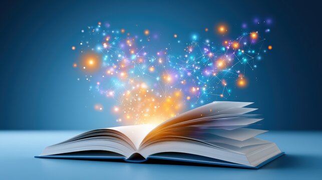Magical Open Book with Sparkles and Glowing Light Concept