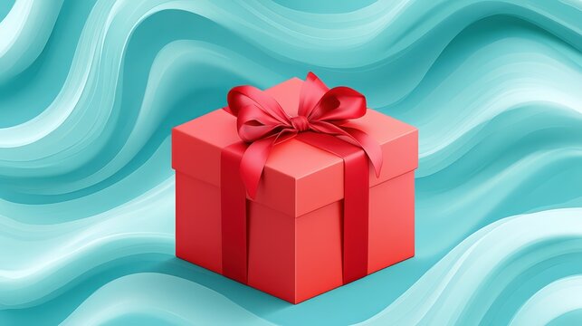 Vibrant Red Gift Box with Bow on Wavy Blue Background