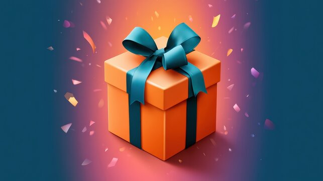 Vibrant Orange Gift Box with Teal Ribbon and Confetti Background