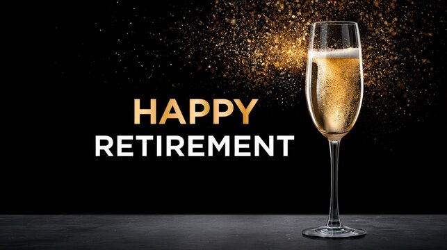 Happy Retirement Concept with Champagne Glass and Golden Glitter