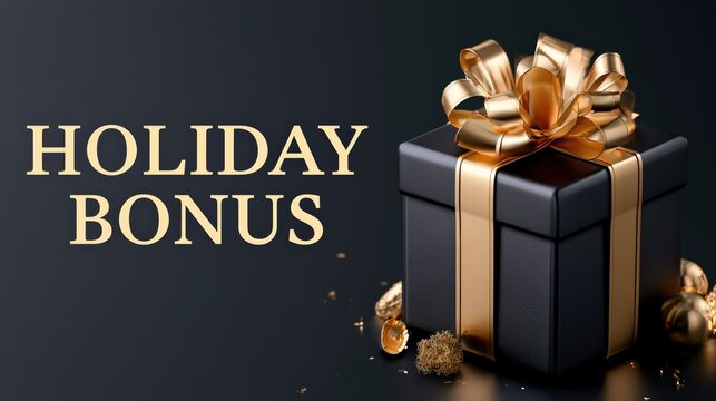 Holiday Bonus Gift Box on Dark Background with Golden Ribbon