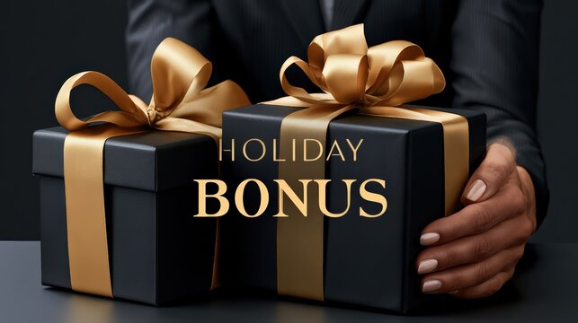 Holiday Bonus Text on Gift Boxes Held by Business Person