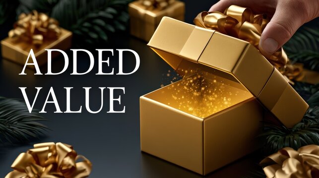 Generating Added Value Concept with Golden Gift Box on Dark Background