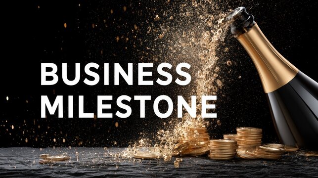 Business Milestone with Champagne Explosion and Gold Coin Stacks
