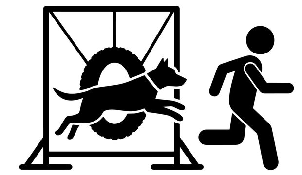 Dog agility sport icon depicting canine jumping through hoop with training obstacle competition