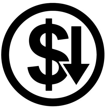 Financial dollar symbol with downward arrow icon currency business investment financial reduction