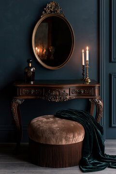 Carved mahogany vanity with oval brass-framed mirror, antique perfume bottles, and velvet stool against a matte navy wall