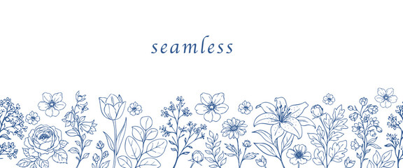 Seamless floral border with elegant hand drawn wildflowers and botanical line art. Minimal vector pattern for wedding invitations, greeting cards, stationery, packaging and textile design. © Nataliia