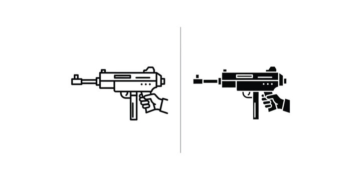 Hand holding a submachine gun icon set in outline and solid black style