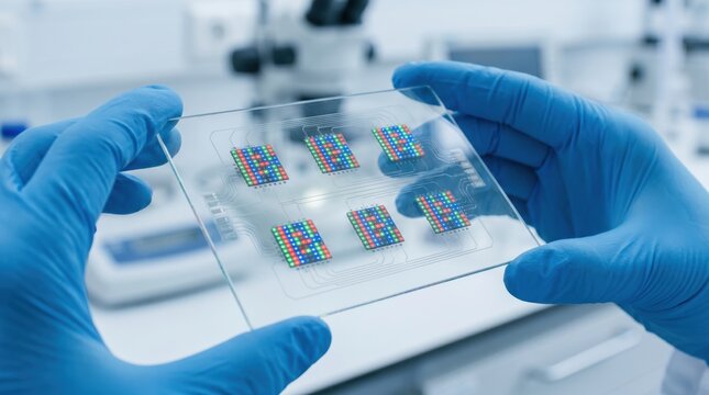 Gloved hands holding a transparent glass plate with integrated microchips and colorful led arrays in a lab