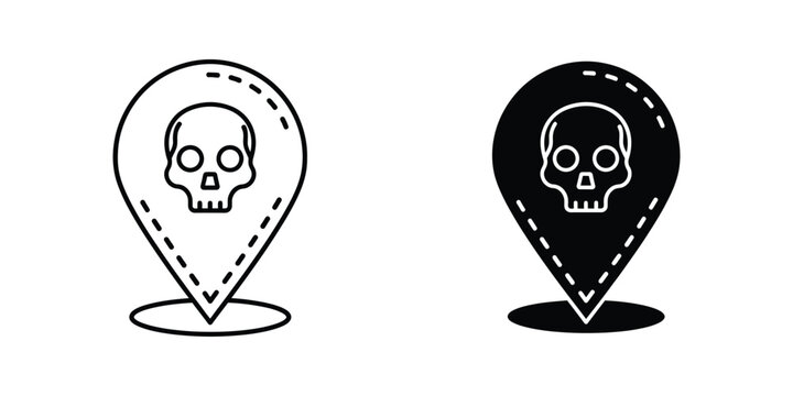 Skull location pin icon set representing danger zone or hazardous area warning sign