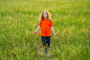 Naklejka premium Kid on grass field. Grass meadow creates fresh green background. Child walks through grass outdoors. Summer landscape shows grass freedom lifestyle.