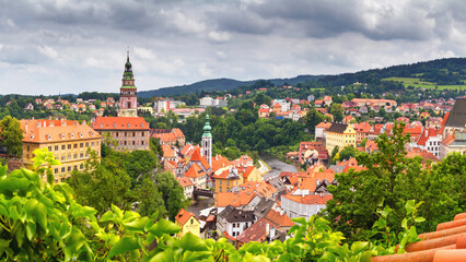 Obraz premium City landscape, panorama, banner - view over the historical part Cesky Krumlov with Vltava river in summer time, Czech Republic