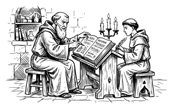 Monk teaching student to read musical manuscript in monastery scriptorium in vintage engraving style