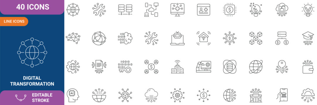 Digital Transformation icon set. Contain icons related to digitalization, digital services, internet, cloud computing, technology, and etc. Line icons. Editable stroke. Vector illustration