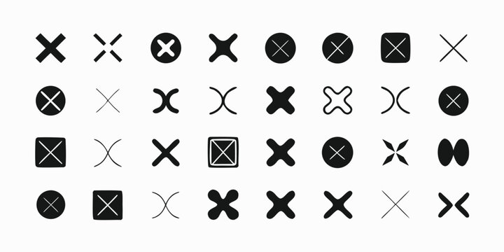 Set of 30 black cross mark icons, diverse shapes and styles isolated on white background