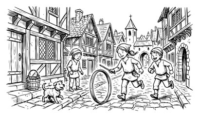 Children playing with hoop and stick toy in medieval village square in vintage engraving style © Amelia