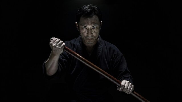 Intense Japanese Martial Artist Holding Traditional Wooden Bokken Sword on Black Background, Samurai Warrior Portrait