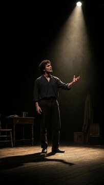 Dramatic Male Actor Performing Emotional Monologue Under Single Spotlight on Dark Theatre Stage
