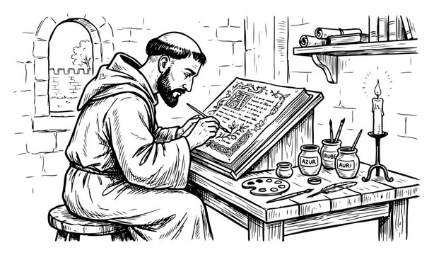 Monk scribe writing illuminated manuscript at desk in detailed line art style